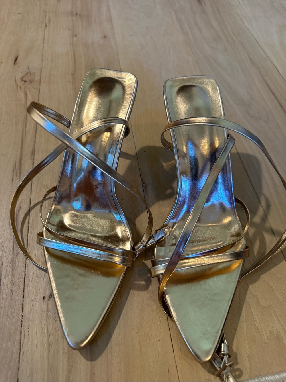 Metallic Gold Strappy Pointed-Toe Women's Heels